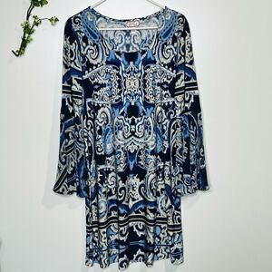 Ivy Road Blue White Ikat Print Bell Sleeve Dress